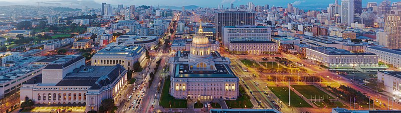 File:San Francisco City Hall as seen from 100 Van Ness at dusk (wide).jpg