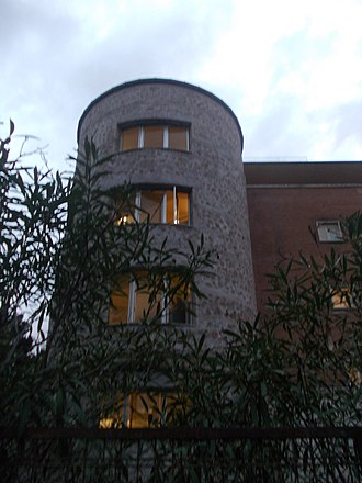 One of the four corner towers of the five planned in the original project. Sant Eugenio Hospital Rome 2.jpg