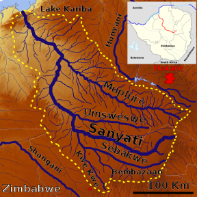 Kaart van die Munyatirivier-bekken in Afrika.