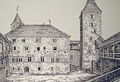 The ruined Rapperswil castle, view of the palas and so-called Gugegliturm tower from the courtyard, drawing by Heinrich Keller around 1848 Schloss Rapperswil, Hofansicht von Palas und Gugelerturm in ruinosem Zustand, Zeichnung von Ferdinand Keller, um 1848 2012-12-01 16-51-23 (P7700).JPG