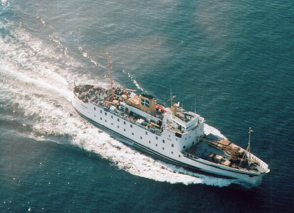 Scillonian III, as seen from the air, halfway between St Mary's and Penzance