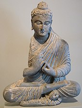 Gandharan sculpture depicting the Buddha in the full lotus seated meditation posture, 2nd-3rd century CE Seated Buddha, Pakistan or Afghanistan, Ghandhara region, 2nd - 3rd century, gray schist, HAA.jpg