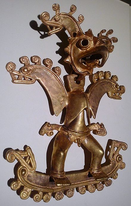 Gold figure of Sibú with head of an eagle. Pre-Columbian Gold Museum, San José, Costa Rica.
