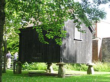 A granary sitting on staddle stones, at the Somerset Rural Life Museum Staddle stones, Somerset Rural Life Museum.jpg