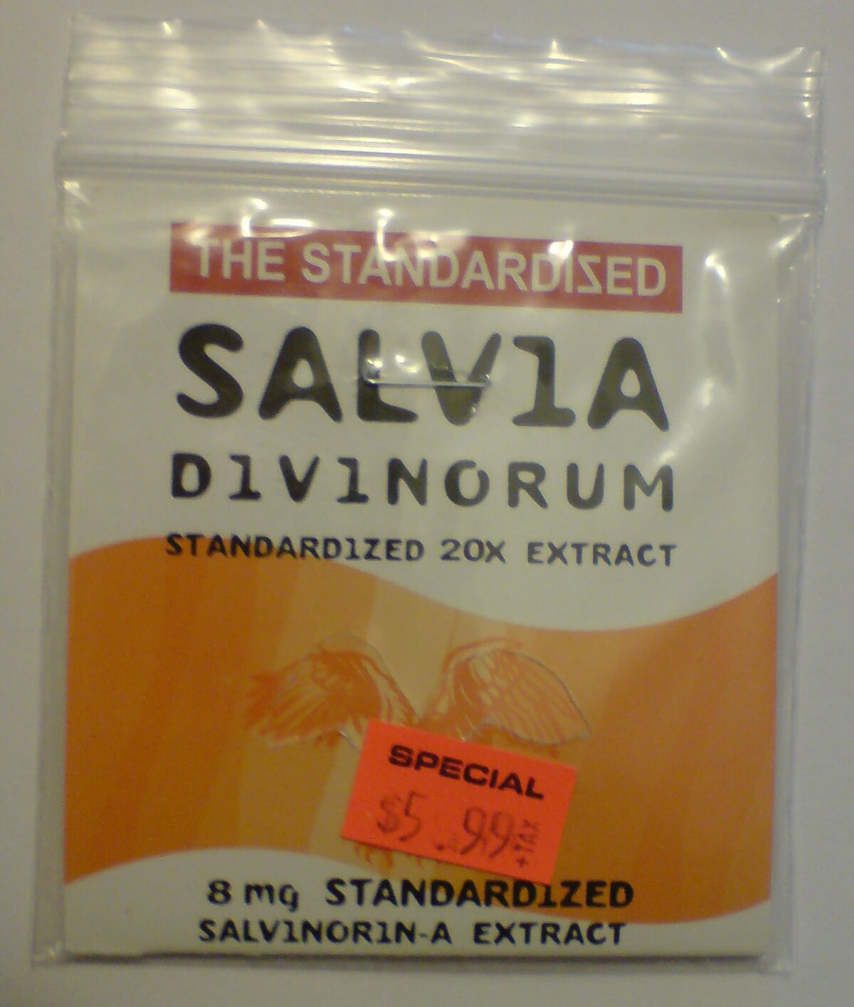 A rectangular plastic re-sealable zipper storage bag that appears to be approximately 10 by 15 centimeters. The bag has a white label and a large wavy orange stripe. The top of the label reads: 