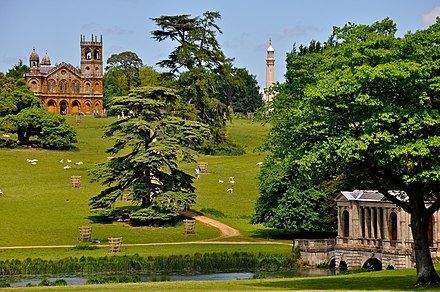 Hawkwell Field with Gothic temple, Cobham monument and Palladian bridge at Stowe House