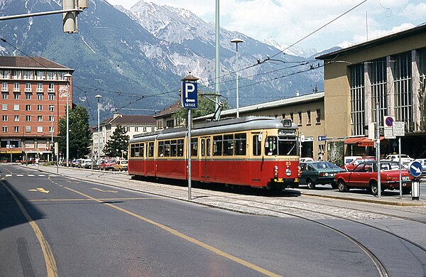 Stubai Valley tram, Südtiroler Platz, and post-war station building in the 1970s.