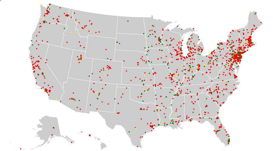 A national map of Superfund sites. Red indicates currently on final National Priority List, yellow is proposed, green is deleted (usually meaning having been cleaned up). This map is as of October 2013.
