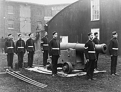 Volunteer artillery drilling with a 64-pounder RML gun in the 1890s. Symonds and Co Collection Q41452.jpg