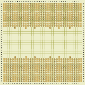 Taikyoku shogi (36x36 squares), most likely starting position. The complete rules of this historical game are not conclusively known. TaikyokuShogiSente.svg