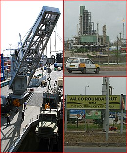 First-Left picture: Cargo ships with Intermodal containers being loaded in the Industrial Tema Harbour • First-Top right picture: Petroleum Processing and Refining Plant and Natural-Gas Processing Plant in Tema • Second-Bottom right picture: Valco Roundabout of State-owned Aluminium Corporation Valco (Volta Aluminum Company) in Tema.
