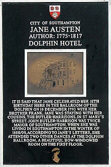 Plaque commemorating Jane Austen's visit The Dolphin Hotel - geograph.org.uk - 1575217.jpg