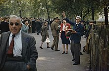 At Speakers' Corner of Hyde Park, London, here in 1944, people traditionally gather to exchange views, debate, and listen. Debating and free speech societies are found throughout the UK and make a regular part of TV. The Home Front in Britain, 1944 TR2323.jpg