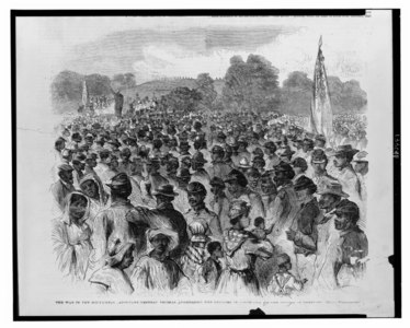 Adjutant-General Thomas addressing the Negroes in Louisiana on the duties of freedom / from photograph. 1863