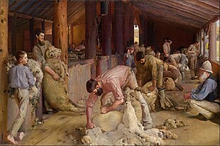 The origins of a distinctly Australian style of painting are often associated with the Heidelberg School movement, Tom Roberts' Shearing the Rams (1890) being an iconic example. Tom Roberts - Shearing the rams - Google Art Project.jpg