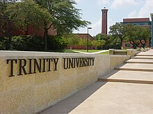 The main entrance to Trinity University. Also pictured are the iconic Murchison Tower and Northrup Hall. Trinity University (Texas).jpg