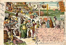 Satirische deutsche Postkarte mit Beschreibung der Slums von Tsingtau 1898