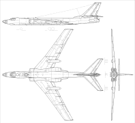 vue du dessus, de profil et de face du Tu-16, ressemblant au Tu-104 sauf pour le fuselage.
