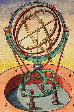 Close-up view of the armillary (outside the Uraniborg observatory building), for tracking the motion of the stars as they travel along their great circles across the night sky. Tycho instrument armillary 11.jpg