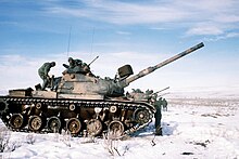 USMC M60A1 vehicles lined up during cold weather training. USMC M60A1 tanks conduct cold weather training in 1982.jpg