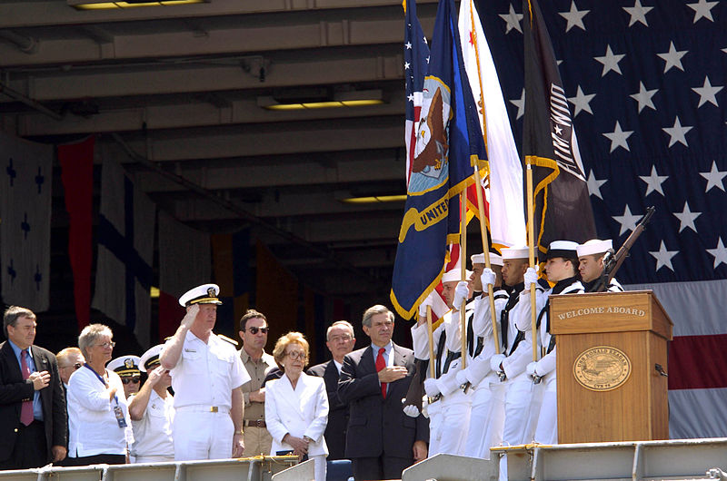 File:US Navy 040723-N-8273J-105 Former First Lady Nancy Reagan observes the color guard parading the colors aboard USS Ronald Reagan (CVN 76) for a homeporting celebration, welcoming the ship to San Diego, Calif., and officially joi.jpg