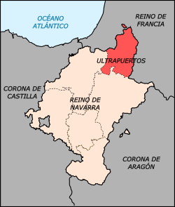 A Navarrai Királyság Pireneusokon inneni területe (rózsaszínnel), Felső-Navarra