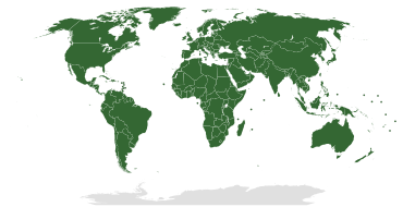 A political map of the world with all territories shaded green to denote United Nations membership, except Antarctica, the Palestinian territories, the Vatican, and Western Sahara, which are grey
