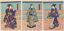 Utagawa Kunisada II - Actors Bandô Mitsugorô VI as Okumi, a Geisha of Yanagibashi; Nakamura Fukusuke II as Dôguya Hanshichi; and Sawamura Tosshô II as Ohana, the Daughter of the Furniture Store.jpg