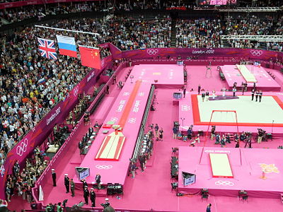 The medal ceremony for the women's uneven bars at the London 2012 Summer Olympics