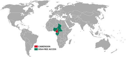 A map showing the visa requirements of Cameroon, with countries in green having visa-free access