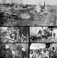 Top: Destruction in the city of Erzurum; Left Upper: Russian forces; Left Lower: Wounded Muslim refugees; Right Upper:Ottoman forces; Right Lower: Armenian refuges