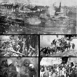 Felül: Erzurum városának romjai; Bal felül: Orosz katonák Sarıkamışnél Bal lent: Sebesült muzulmán menekültek, Jobb fent: török csapatok, Jobb lent: Örmény menekültek