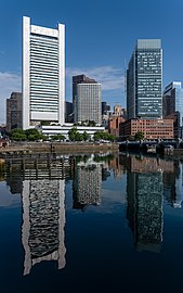 Water reflection of Financial District seen from the opposite side of Fort Point Channel, Boston, Massachusetts, US