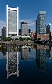 Image 381Water reflection of Financial District seen from the opposite side of Fort Point Channel, Boston, Massachusetts, US