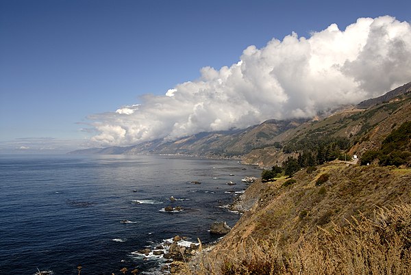 Orographic lift of moist air coming off ocean produces clouds along the Santa Lucia Range, of the California Coast Ranges System - NOAA