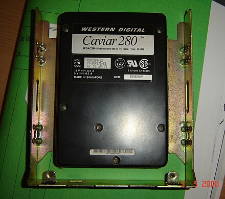 Western Digital Caviar 80 MB (model number WDAC280-32), from a series of HDDs for desktop PCs; it is a 3.5-inch HDD mounted onto a 5.25-inch adapter bracket.