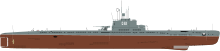 Silhouette of a Whiskey-class submarine with twin 57 mm deck guns and twin 25 mm conning tower guns Whiskey I class SS.svg