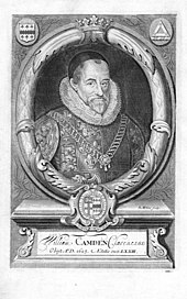 William Camden (1551-1623), author of the Britannia, wearing the tabard and chain of office of Clarenceux King of Arms. Originally published in the 1695 edition of Britannia. William Camden Clarenceux.jpg