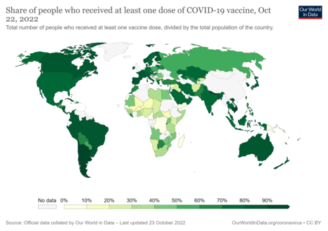 Share of people who have received at least one dose of a COVID-19 vaccine relative to a country's total population. Date is at the bottom of the map. Commons source.