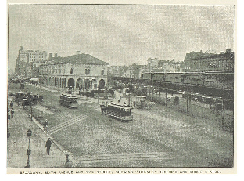 File:(King1893NYC) pg623 BROADWAY, SIXTH AVENUE AND 35TH STREET, SHOWING HERALD BUILDING AND DODGE STATUE.jpg