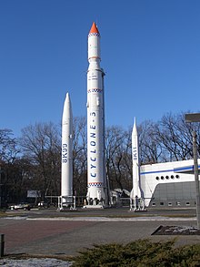 A Yuzhmash produced Tsyklon-3 rocket, flanked by an RT-20P and R-11 Zemlya on display in Dnipro's "Rocket Park". Park raket. Dnipropetrovs'k.JPG