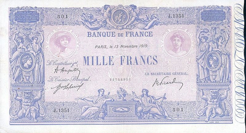 Fájl:1000 francia frank bankjegy "bleu et rose" típus.jpg