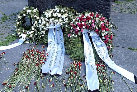 Wreaths after a commemoration ceremony in Stuttgart, Germany