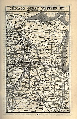 Railway in 1903, following completion of lines in Iowa to Sioux City and Omaha, Nebraska, and branch lines in Minnesota 1903 Poor's Chicago Great Western Railway.jpg