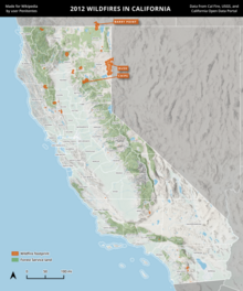 A map of wildfires in California in 2012, using Cal Fire data