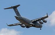 A US Air Force C-17 Globemaster III, tail 00-0171, on final approach to Kadena Air Base in Okinawa, Japan. It is assigned to the 176th Wing of the Alaska Air National Guard, and is originally from Joint Base Elmendorf–Richardson in Anchorage, Alaska.