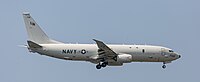 A US Navy P-8 Poseidon, tail number 168756, on final approach at Kadena Air Base in Okinawa, Japan.