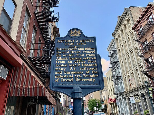 Historical marker commemorating Drexel in Old City, Philadelphia.