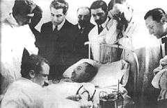 Dr. Luis Agote (second from right) overseeing one of the first safe and effective blood transfusion Agote 1a transfusion.jpg