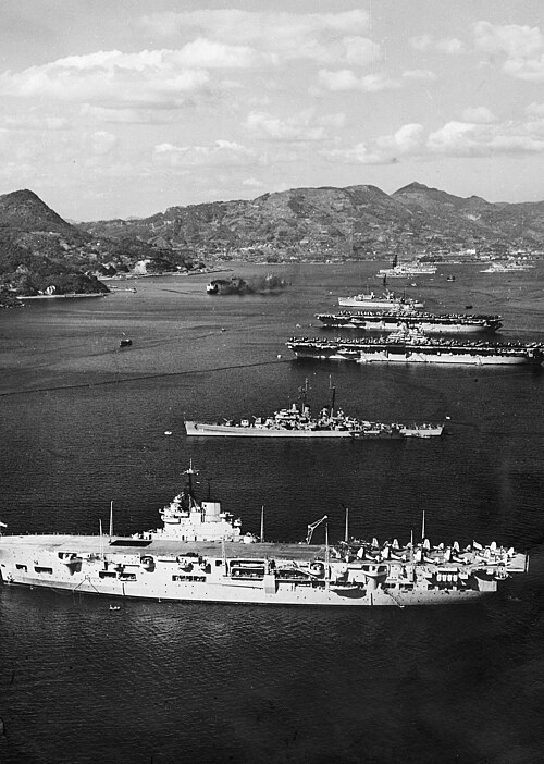 HMS Unicorn with U.S. Navy ships at Sasebo, Japan, 1950